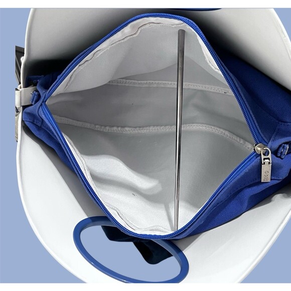 O bag Classic White Shell Blue Handles Liner Whipstitch Strap Modular Italy - Picture 8 of 16